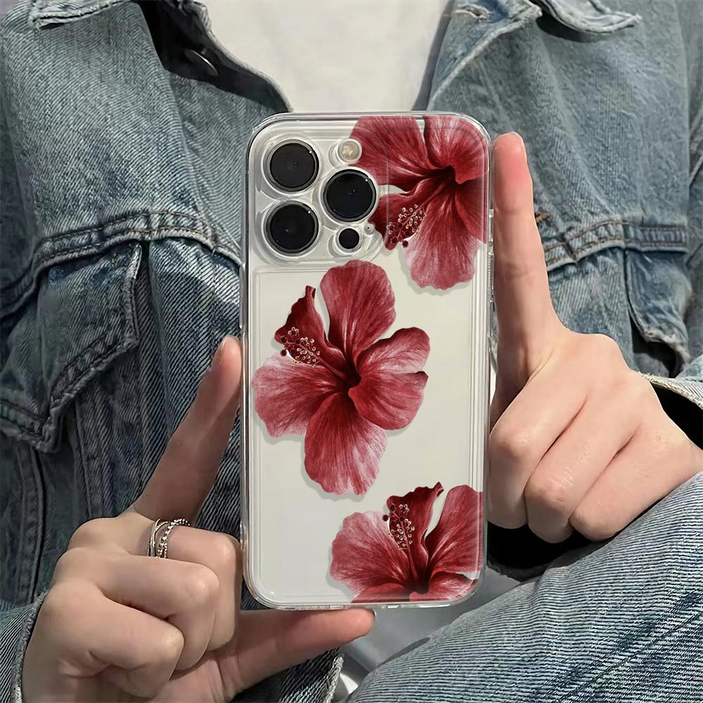 Dark Red Lily Pattern Phone Case Suitable for iPhone 17 Air 16 15 14 13 12 11 Pro Max 14 Plus Anti Drop Anti Shock Back Cover