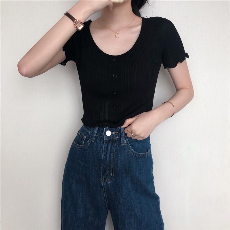Solid Color Wood Ear Edge Summer Short Knit Round Neck Lace Short-sleeved Women's Top Slim Thin Knitwear Casual Essential Slim Fit Pullovers Tees