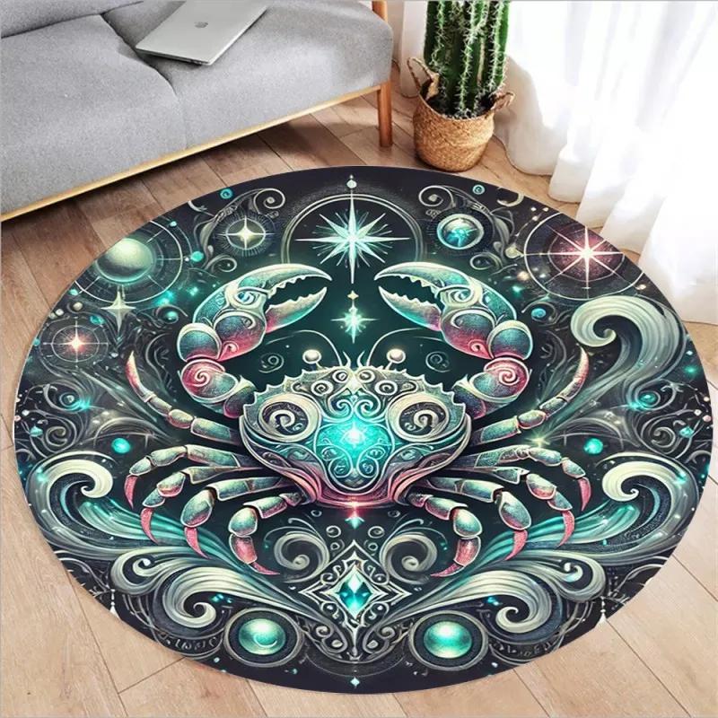 Zodiac Print Round Rugs Kids Room Floor Mats Non-Slip Living Room Rugs Washable Flannel Carpet for Home Decor Mat
