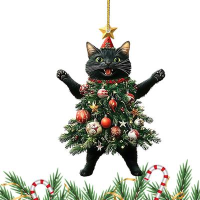 2D Cat Christmas Tree Ornaments Acrylic Rearview Christmas Cat Charm Ornament Car Rearview Pendant Decoration Car and Bag Cat