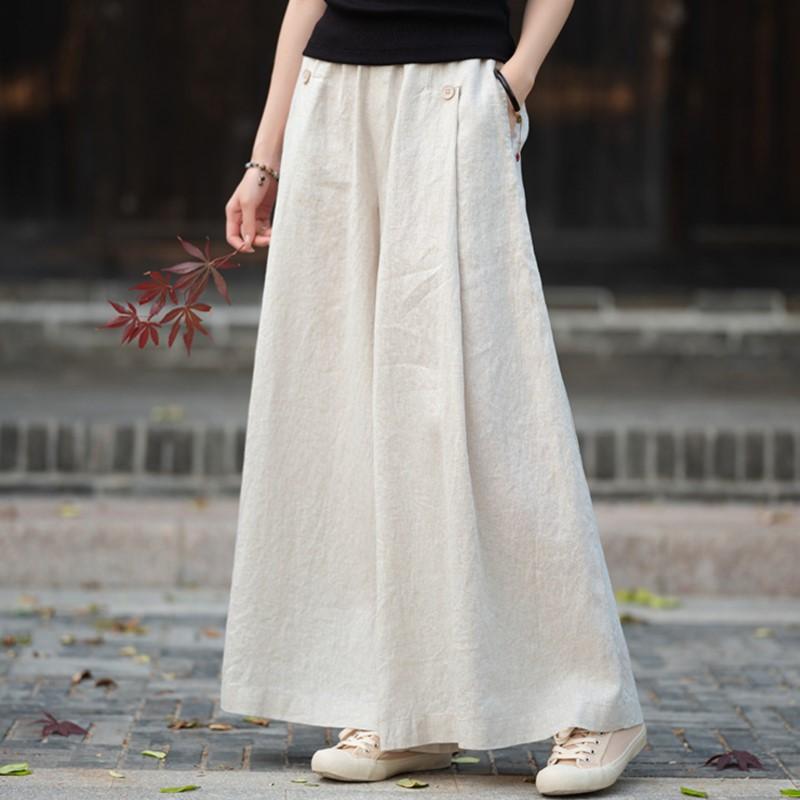 Johnature Vintage Women Wide Leg Pants Solid Color Autumn Trousers Elastic Waist Patchwork Button Pockets Pants
