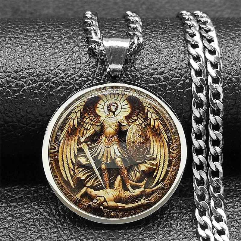 SAINT MICHAEL PROTECT US Archangel Stainless Steel Round Glass Medal Pendant Necklace for Women Men Gold Color Chain Jewelry