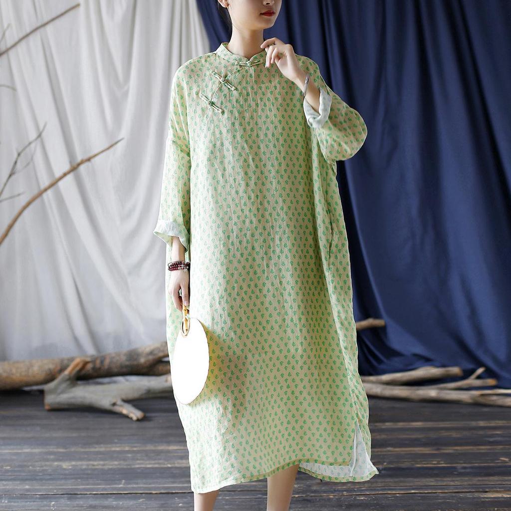 Johnature נשים בסגנון סיני ורוד הדפס פרחוני שמלה סטנד גלימות כפתור שרוול ארוך סתיו ראמי שמלה רופפת