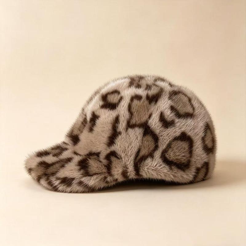 Autumn Winter Faux Mink Fur Leopard Print Warm Adjustable Baseball Cap