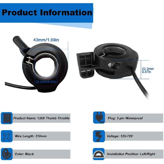 Upgraded Ebike Thumb Throttle 130X,Waterproof 3-Pin Connector for 12V-72V Ebike Throttle,Left/Right Universal Fit 22.2mm Handlebar,Speed Control