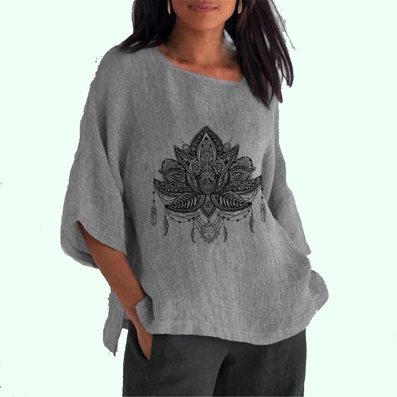 

Женская мода больших размеров, топ с длинным рукавом 3/4, хлопково-льняные блузки с круглым вырезом, женская повседневная летняя и осенняя тонкая длинная рубашка с принтом XXXXL серый