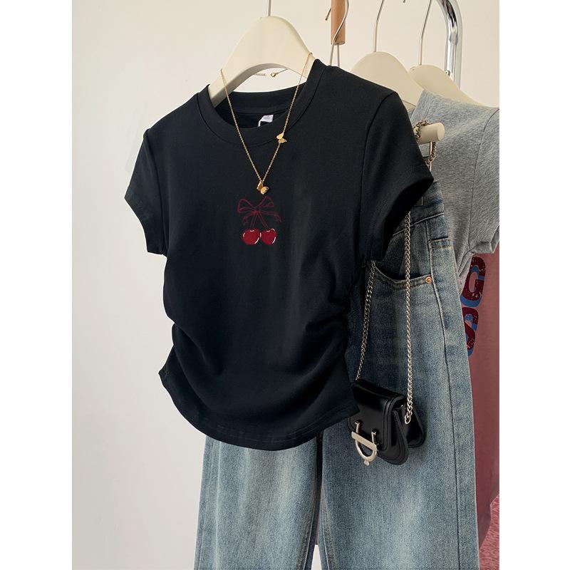

Summer Popular Short-sleeved Cotton Loose Fit Large Size Slim-fitting T-shirt For Women L чёрный