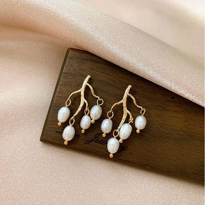 Baroque Freshwater Pearl Tassel Earrings - 925 Silver Retro Branch Design