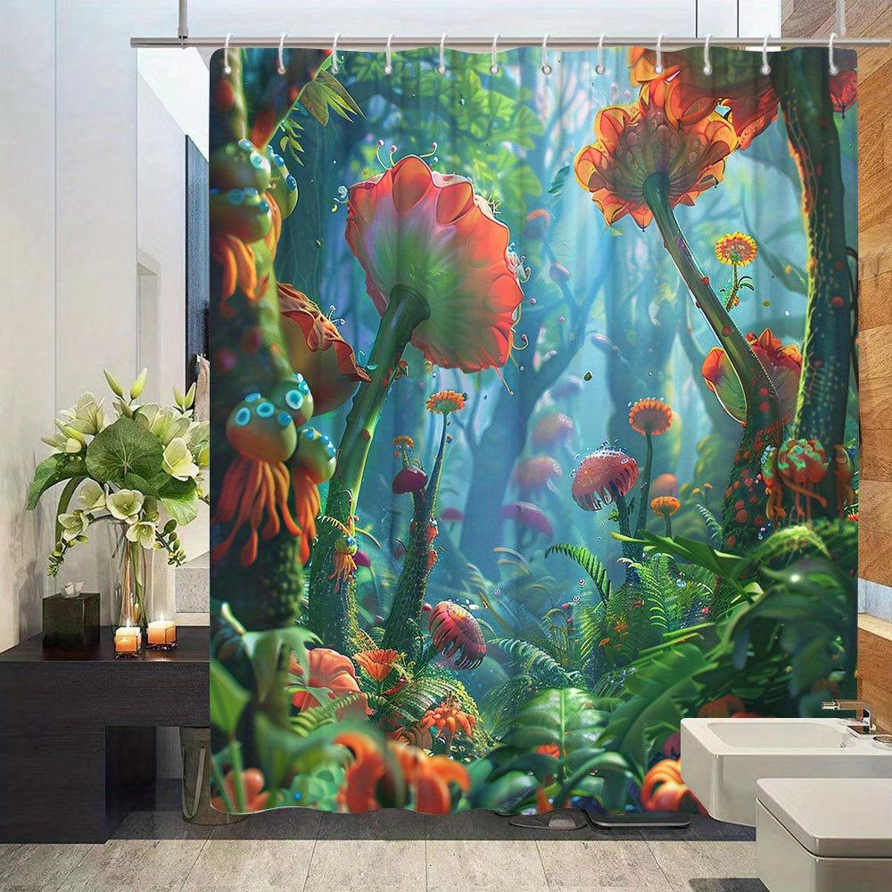 Flora & Fauna Duschvorhang - Tropische Dschungelfantasie, 3D HD Naturszenerie, Mittelalterlicher Stil,Polyesterstoff,Inklusive 12 Haken