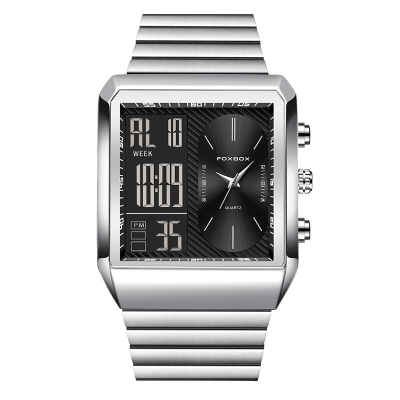 FOXBOX Dual Display Man Watch Stainless Steel Luminous Quartz Watch Waterproof Chronograph Business Men s Digital Watches+Box