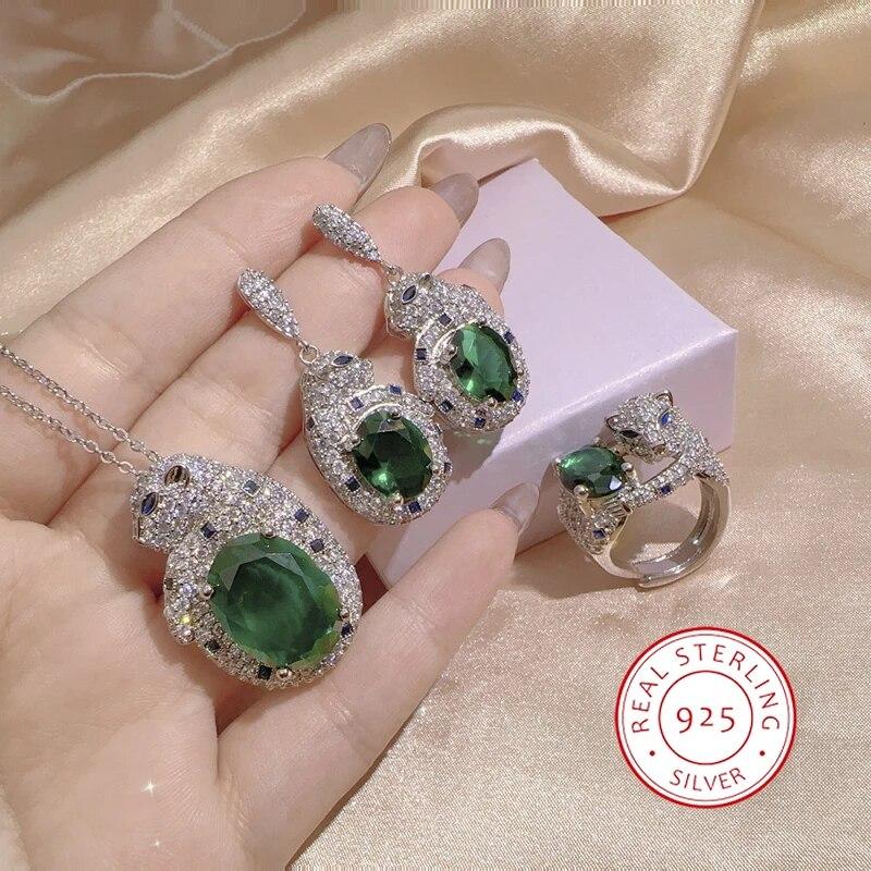 

Роскошный леопардовый комплект из стерлингового серебра S925 с изумрудом, женские королевские украшения с цирконом, модные украшения для банкетов и вечеринок