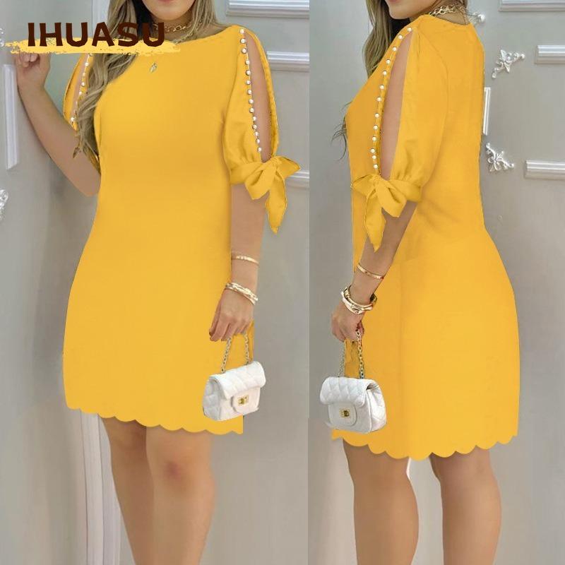 IHUASU Abiti casual da donna a manica lunga con scollo rotondo, tinta unita o stampa, per estate e primavera