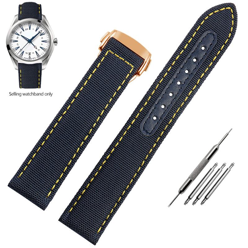 19mm 20mm Woven Canvas Watch Band Strap For Omega Seamaster 300 AT150 Fabric Leather Nylon AQUA TERRA 150 Blue Black Watchband