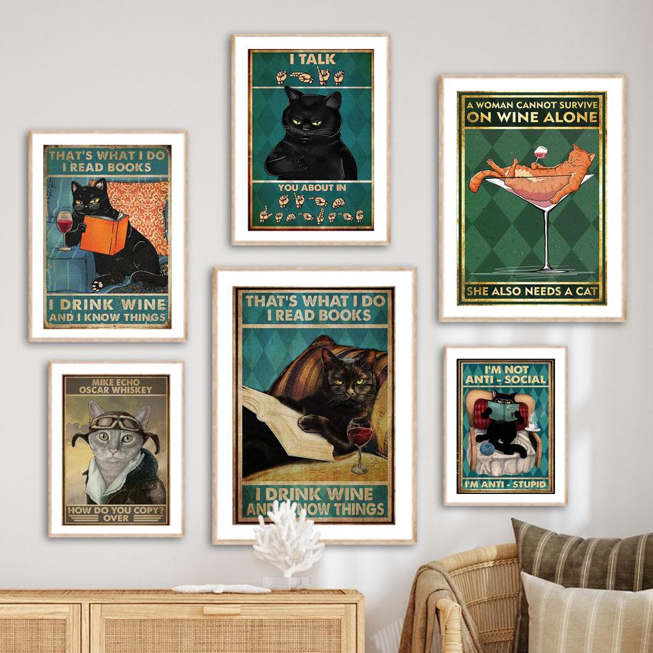 Funny Retro Cat Book Cocktail Wall Art Canvas Painting I'm Anti-Stupid Posters Prints Bar Wall Pictures For Living Room Decor