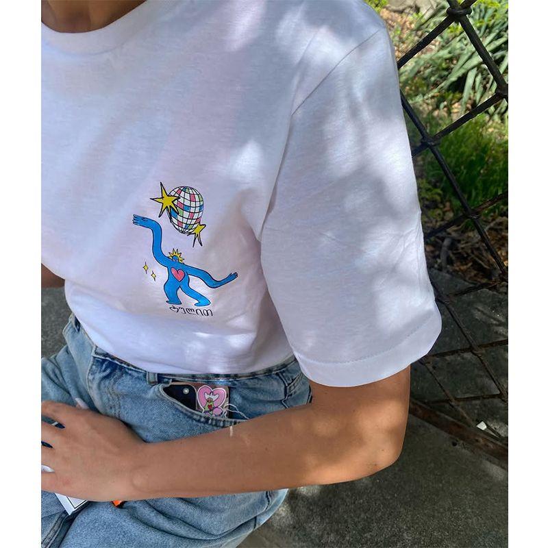 Niche Style American Retro Print Sports Style Blue Dancing Villain Pure Cotton Short Sleeve T-shirt Top Female