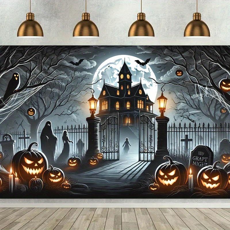 Halloween pumpkin ghost house night scene background wall decoration for office, home, outdoor decoration / party decoration