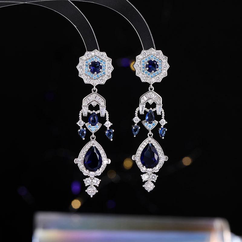 Ladies' light luxury design elegant water droplet tassel flower long earrings fashionable jewelry niche design earrings