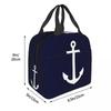 White Anchor On Navy Blue Insulated Lunch Bag for Women Office Cooler Thermal Food Box Tote Portable Lunch Boxes Container