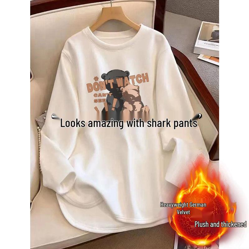 Velvet White Fleece-Lined Oversized Slit Long Sleeve Top for Women