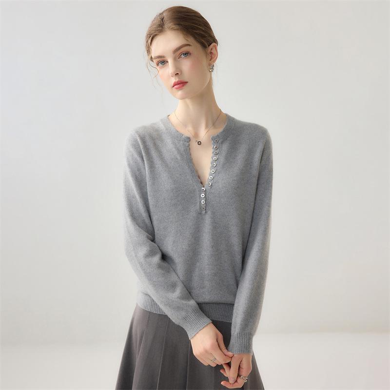 Lekasha Women's 100% Pure Cashmere V-Neck Long-Sleeve Autumn/Winter Base Layer Top