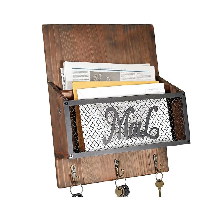 

Mail And Key Holder With Iron Mesh Front Panel And Rustics Wooden Frame Designs Entryway Storage Organizer темно-коричневого кольору