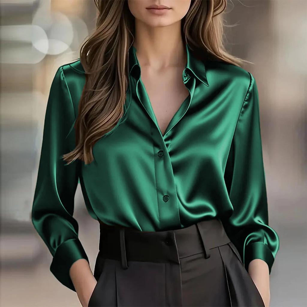 Women's Fashion Casual V-neck Solid Color Temperament Shirt Female Button Shirt Long Sleeve Ladies T-shirt Top