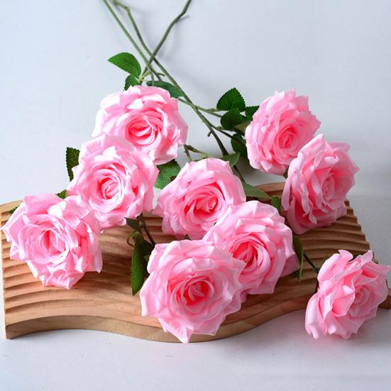 Artificial Rose Flower Realistic Fake Long Stem Rose Bouquet with 3 Heads Blooms for Wedding Centerpiece Home Party Decor