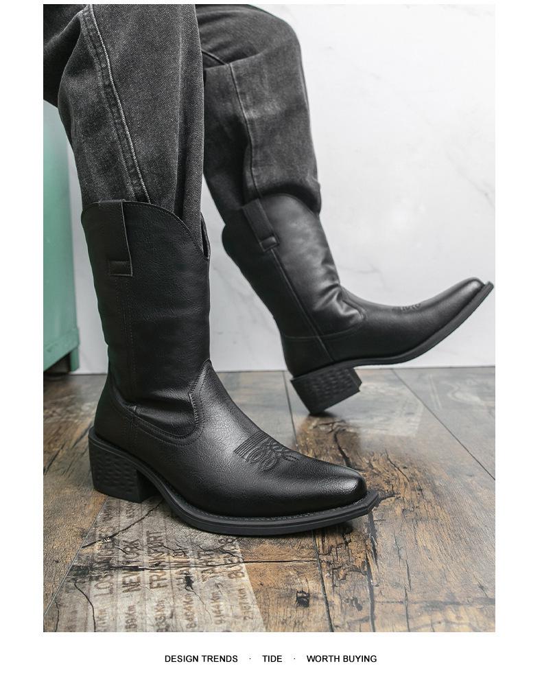 Men’s Mid-Calf Martin Western Cowboy Boots - Breathable, Embroidered, High-Top Pull-On Riding Boots for Autumn and Winter
