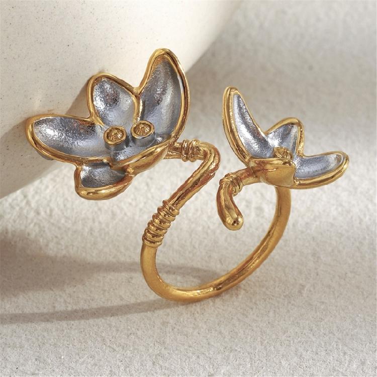 Modern Two Tone Flower Ring Open Design Allergy Proof Stainless Steel Jewelry Artistic Open Band Ring Gift For Her