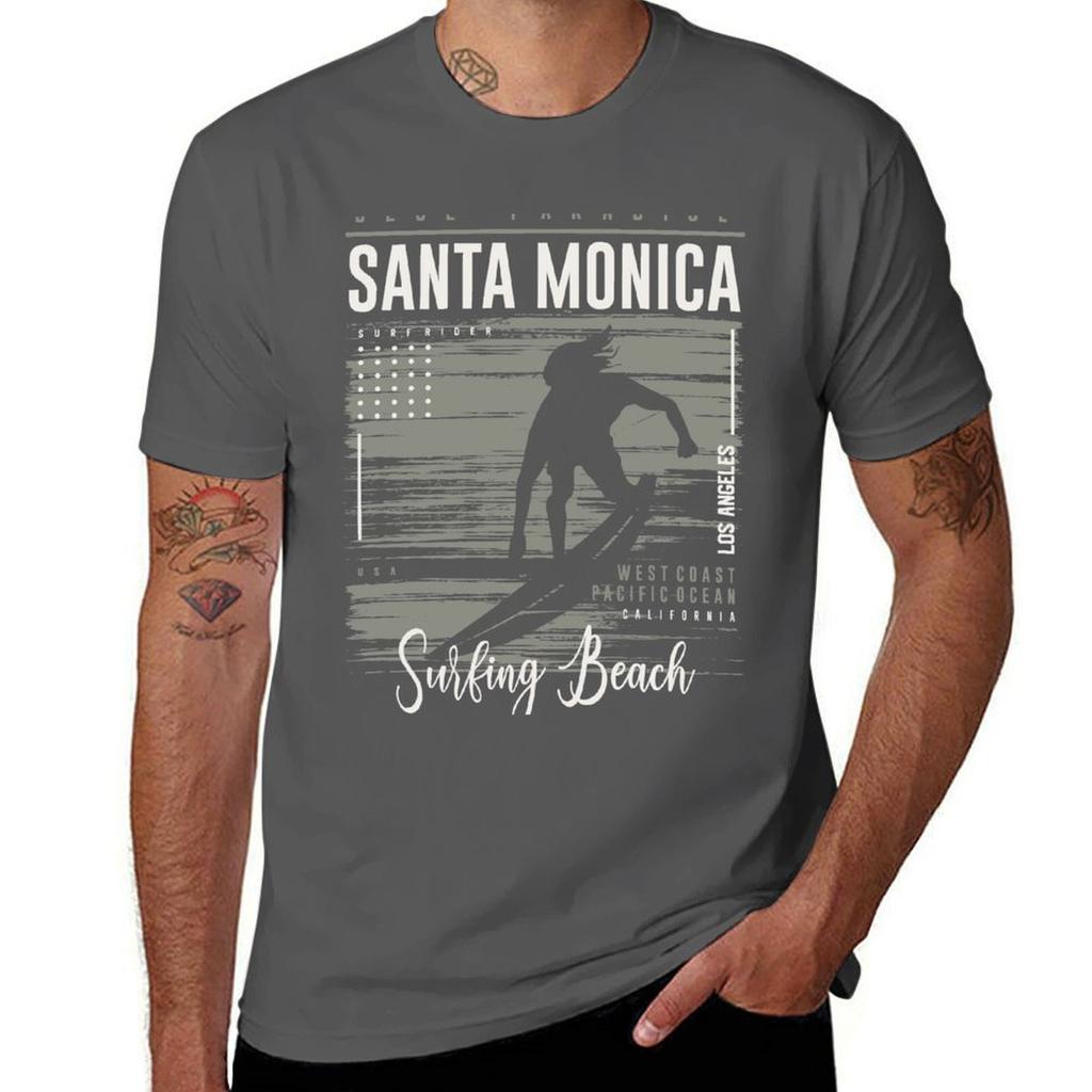 Santa Monica Surfing Beach California Home Spirit Summer 2021 TShirt Work Wear Lightweight Tee
