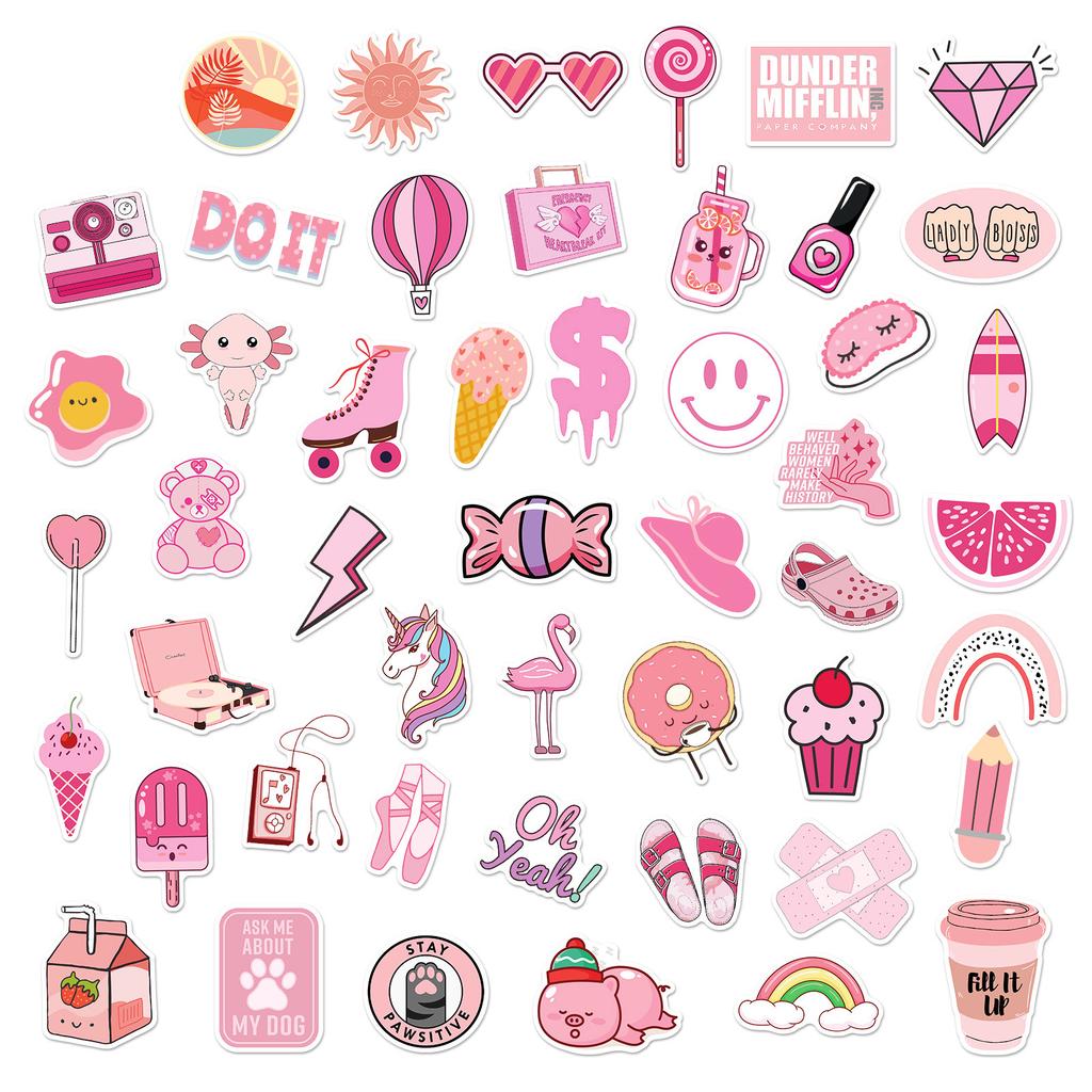 50 Vsco Pink Mix And Match Stickers, Cartoon Cute Girl Little Fresh Girl Graffiti Stickers