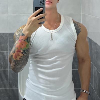 Colete masculino com nervuras, gola redonda, ajuste justo, cor sólida, regata, colete respirável, esportivo, fitness, streetwear