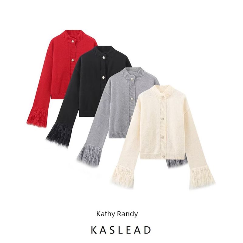 Kaslead New Arrival Women's Clothing Fashion Style Fashion Minimalist round Neck Fur Patchwork Knitted Long Sleeve Cardigan
