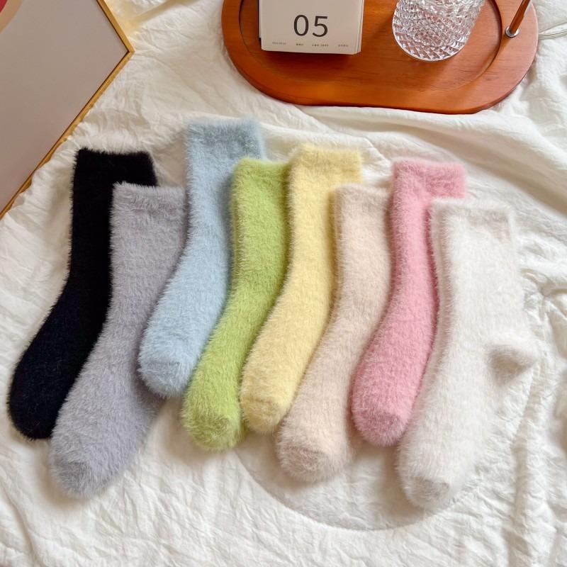 Women Coral Velvet Floor Socks Fluffy Pure Color Medium Tube Elastic Sleep Plush Sock