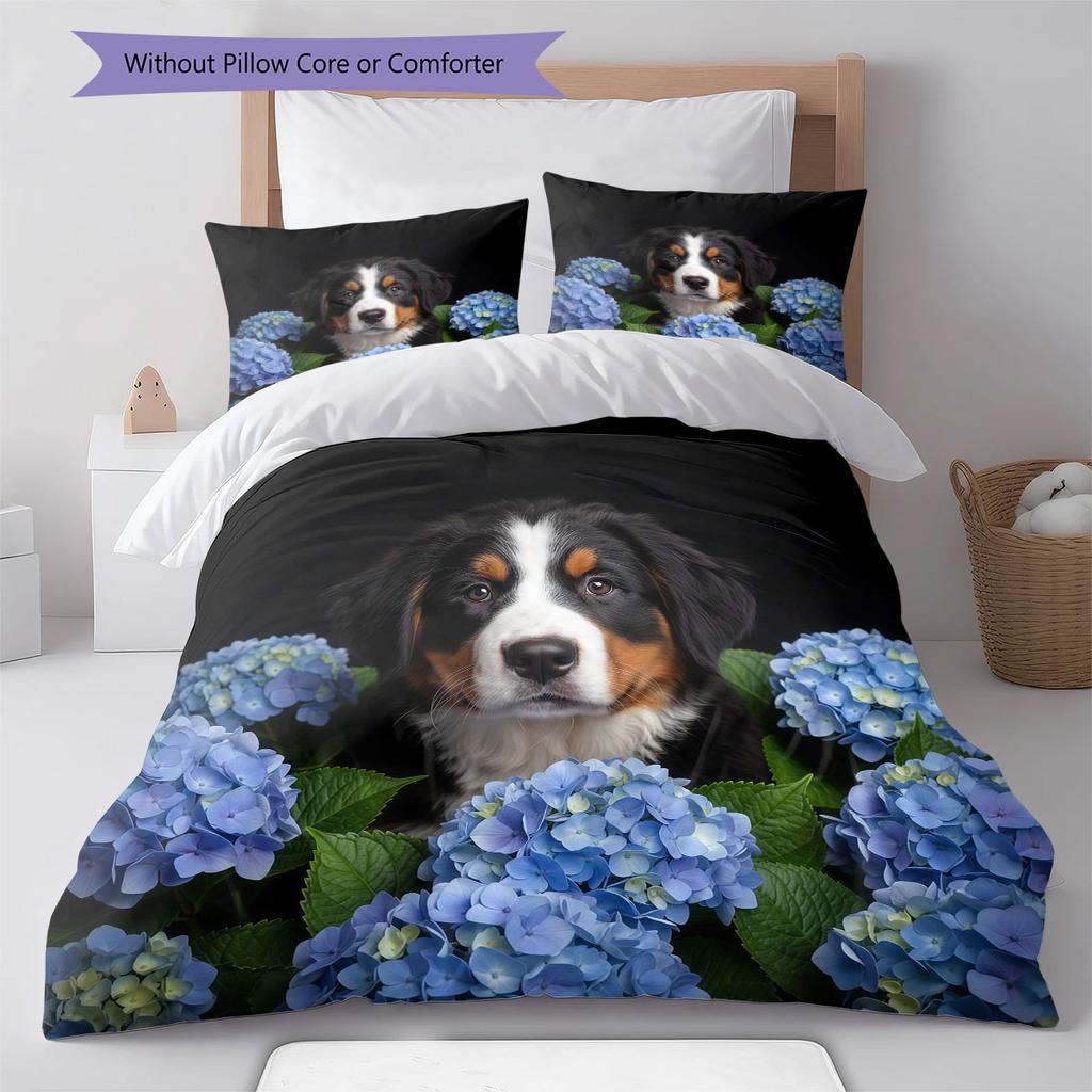 Flowers and dogs Pattern Bedding Quilt Set Quilt Cover Pillowcase Home Decoration Birthday Gift (1 * duvet cover + 2 * pillowcase, without core)