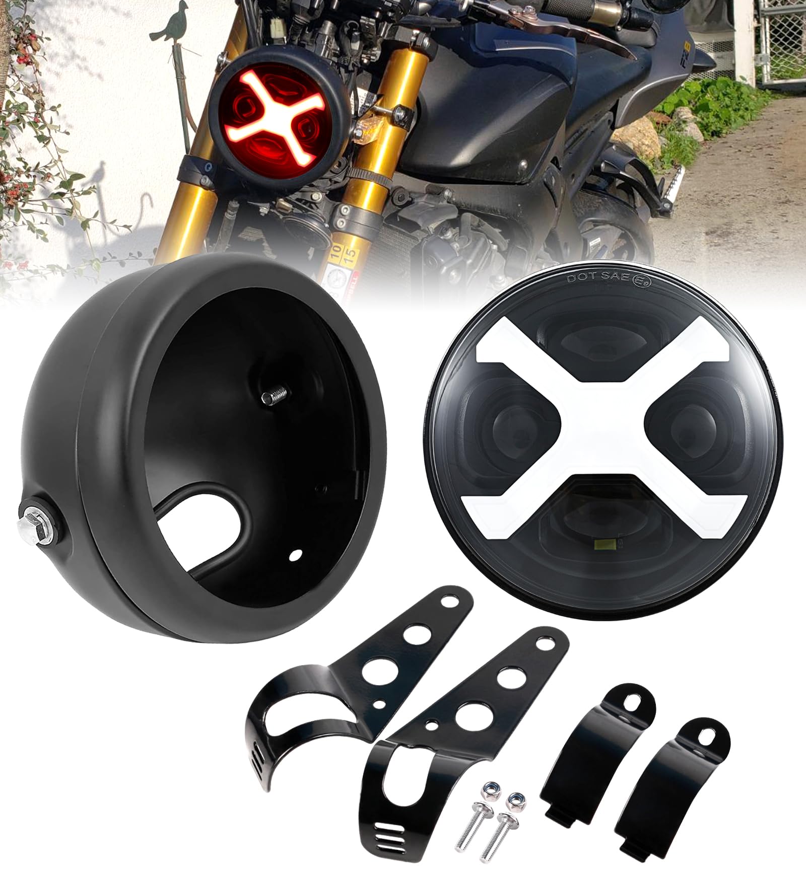 

HENGTUAOTO LED Red DRL Motorcycle Headlight with Headlight Housing Bucket Mounting Bracket for Shadow Rebel Cafe Cruiser 5.75 X-Style 750, 500,