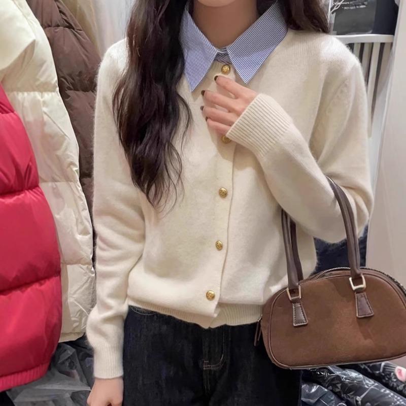 New Style Shirt Collar Stitching Sweater for Women Fashionable High-end Age-reducing Korean Style Design Top for Women In Spring and Autumn
