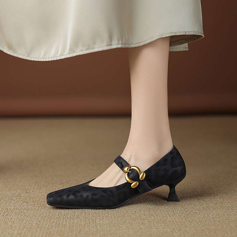 Krazing Pot Sheep Skin Summer Spring Autumn Stiletto Med Heels Leopard Women Square Toe Metal Decoration Shallow Pumps