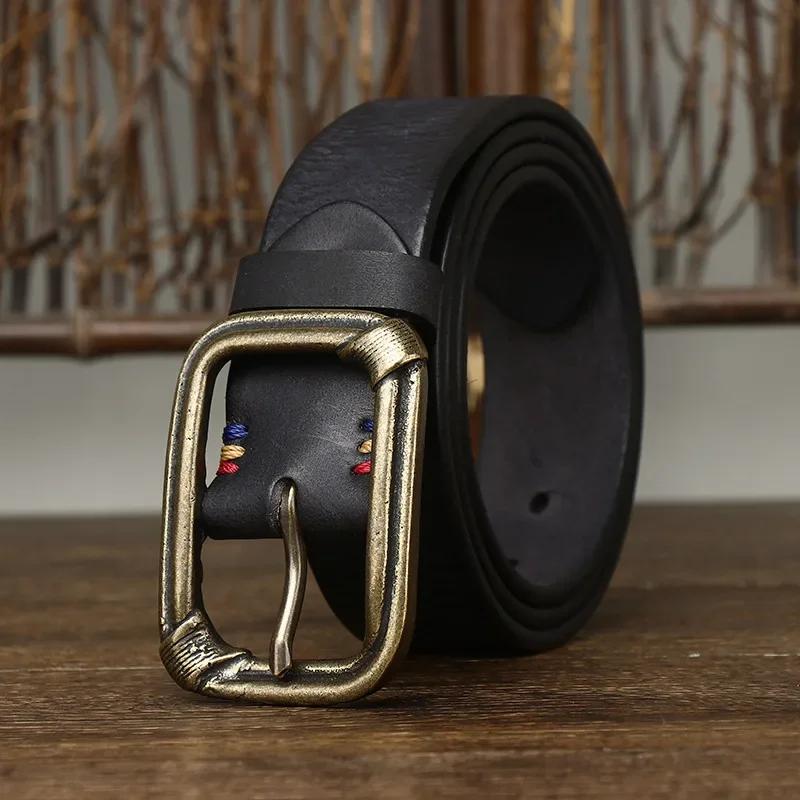 3.8CM Pure Cowhide Genuine Leather for Men's High Quality Jeans Copper Brass Buckle Belts Cowboy Waistband Male Fashion Designer