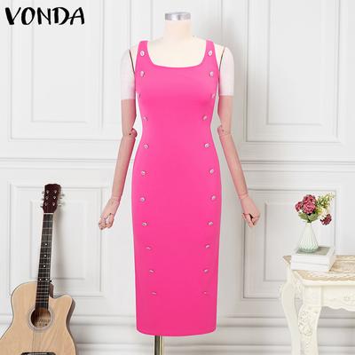 Women Summer Casual U Neck Sleeveless Buttons Tight Suspender Dresses
