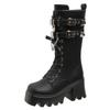Women'S Punk Gothic Boots  Fashion Buckle Chain High Heels Mid Calf Boots Women Black Pu Leather Plus Size 42 Autumn Botas