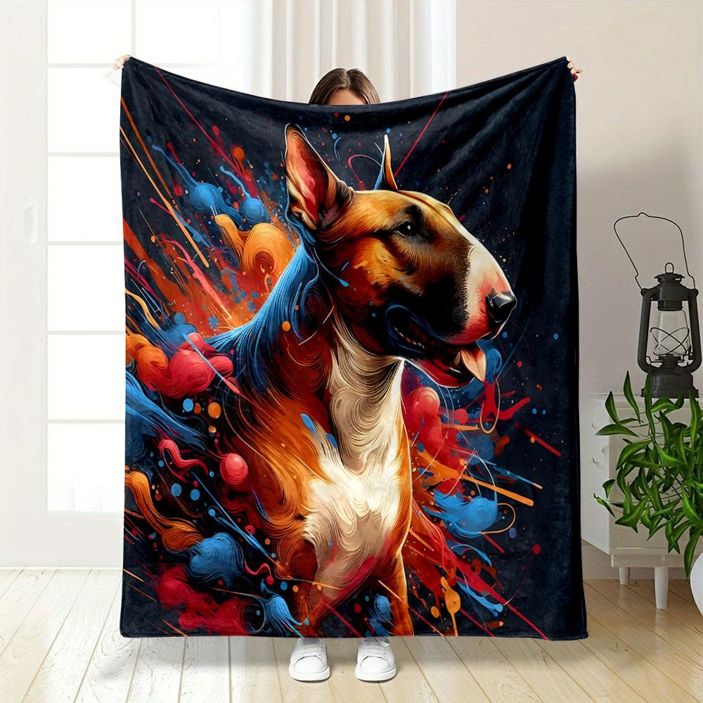 Colorful Bull Terrier Art Design Patterned blanket, flannel, suitable for all seasons, home decor, warm and cozy