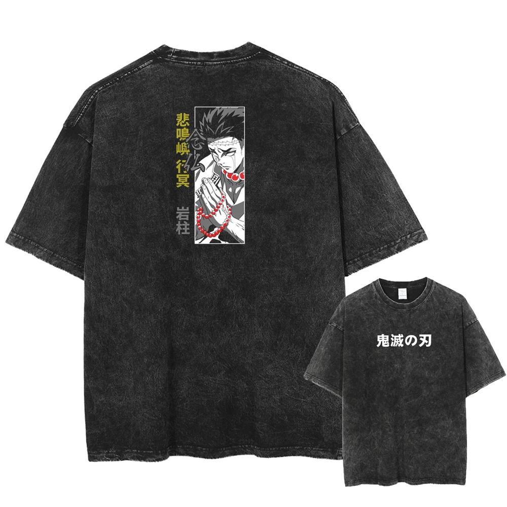 T-shirt Vintage Lavate Estive Uomo Stampe Anime Demon Slayer Harajuku Girocollo Oversize Manica Corta Unisex Streetwear Top