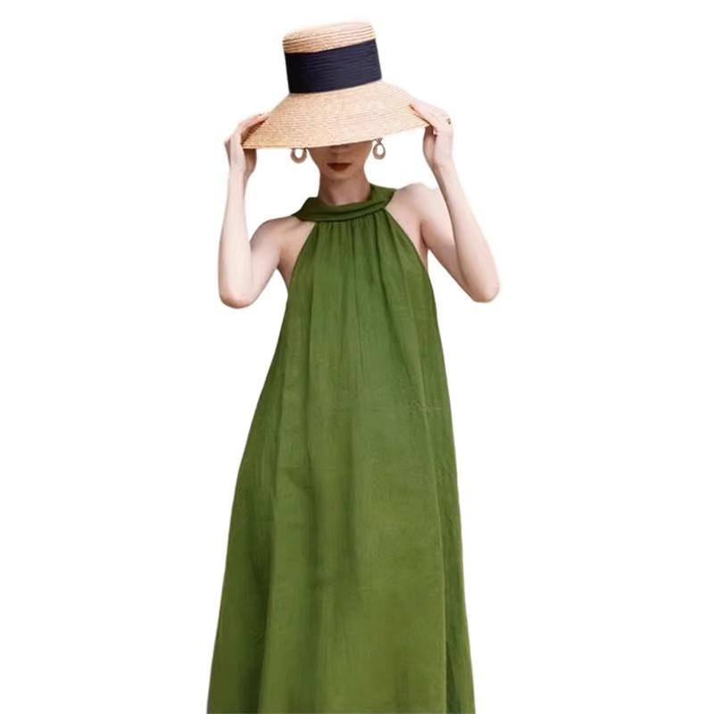 French green neck sling dress children's summer new seaside vacation temperament dress