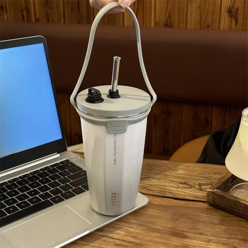 Stainless Steel Coffee Cups Vacuum Insulated Mugs Portable Large Capacity Ice Bar Thermal Cup with Silicone Rope Straw Water Cup