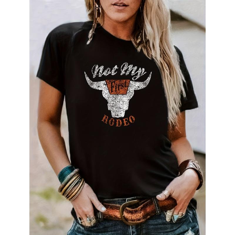 Camiseta com Estampa de Cabeça de Boi de Rodeio Tamanho Europeu, Camiseta Casual de Gola Redonda com Manga Curta, Roupa Feminina