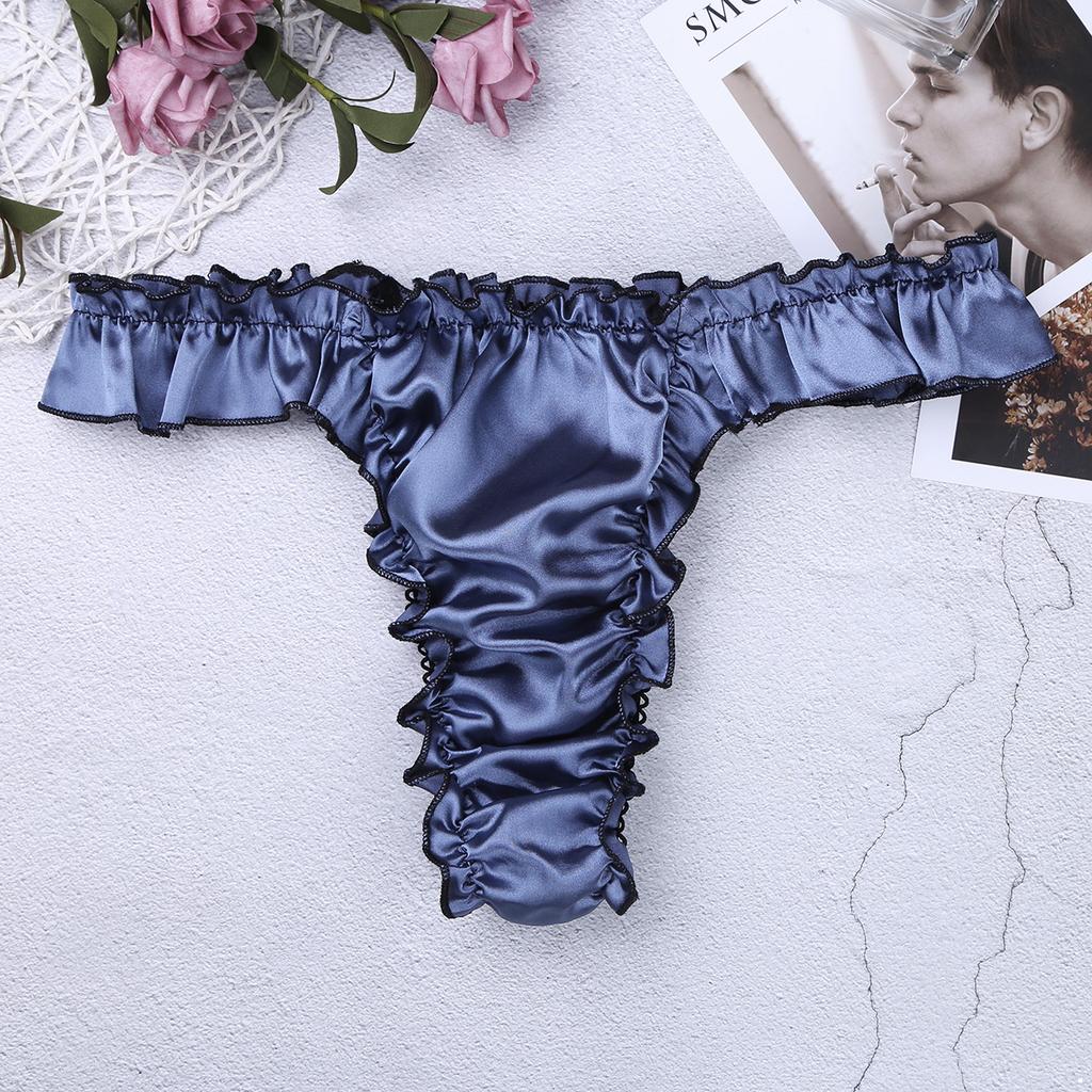 Mens Lingerie Soft Shiny Briefs Thong Panties Ruffled Frilly Sissy Bikini Briefs Thong Underwear Underpants
