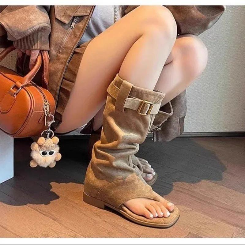Fashion Summer Women Boots Open Toe Chunky Heel Sandals Knee-High Boots Flock Shoes for Women Low Heel Boots Belt Buckle Plus Size Shoes