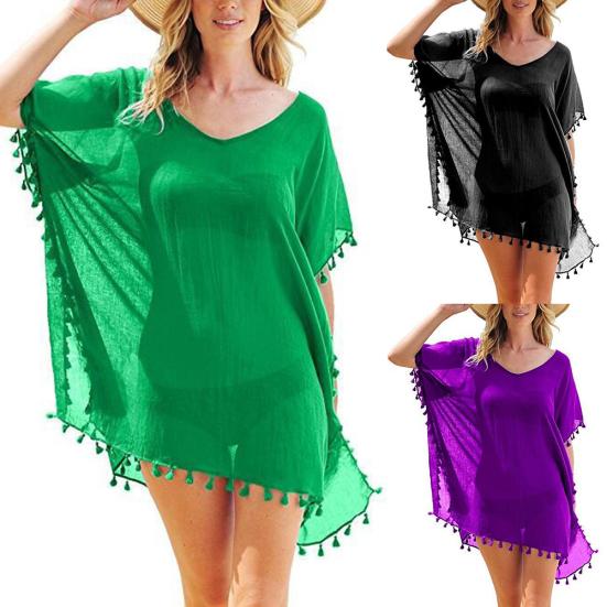Summer Fashion Solid Color Tassel Chiffon Women Swimwear Bikini Cover Up Dress