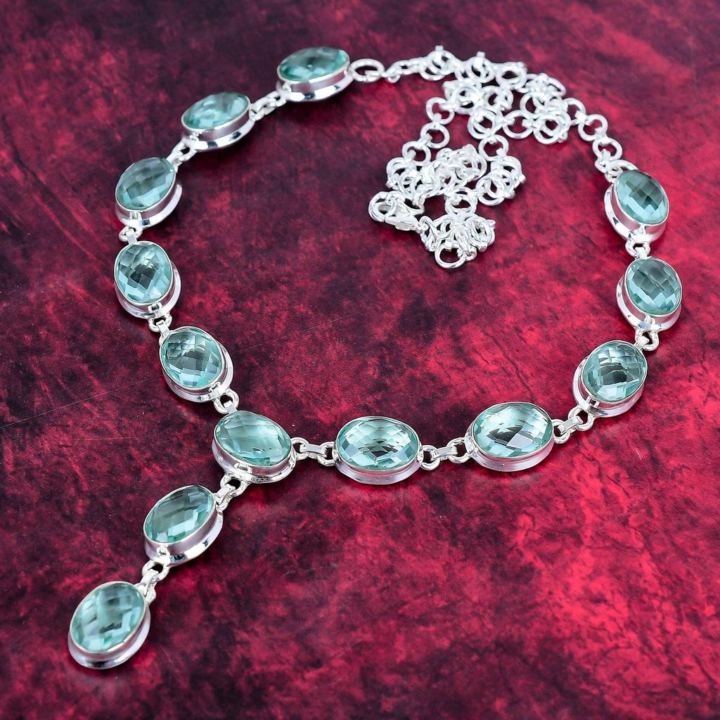 Faceted Aqua Apatite Handmade Gemstone Necklace, 925 Solid Sterling Silver Necklace Antique Jewelry, Gift For Love